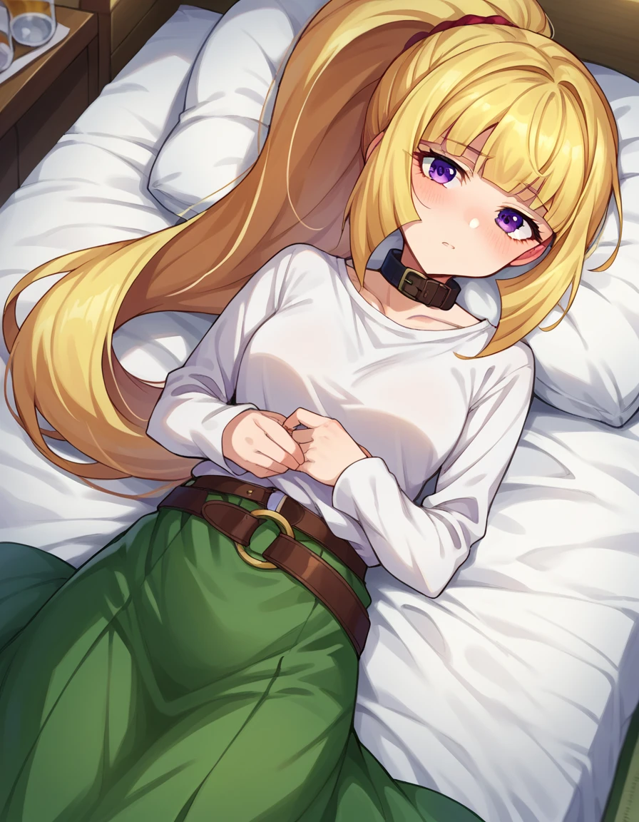 masterpiece, detailed, kitagawa marin, 1girl, blonde hair, long hair, multicolored hair, red eyes, jewelry, earrings, piercing, black choker, (laying on a bed, no clothes on, wearing pajamas), (sleep:1.25), (closed eyes:1.15), warm sunlight from windows