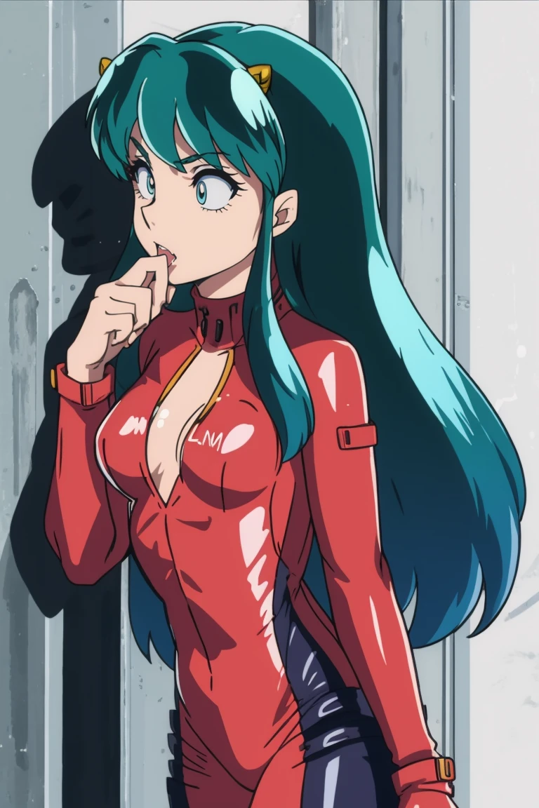 masterpiece, 8k,
lum,  (((plugsuit))), oni horns,
Biting the edge of a finger provocatively   <lora:Urusei_Yatsura(2008) lum:0.7>