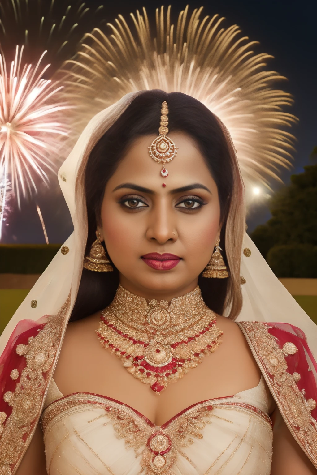 Hyperrealistic art 	a full body portrait shot of an Indian bride, wedding dress, jewelry, elegant style, fireworks in the background, head bowing down, <lora:Pakistani_Face:.8> . Extremely high-resolution details, photographic, realism pushed to extreme, fine texture, incredibly lifelike