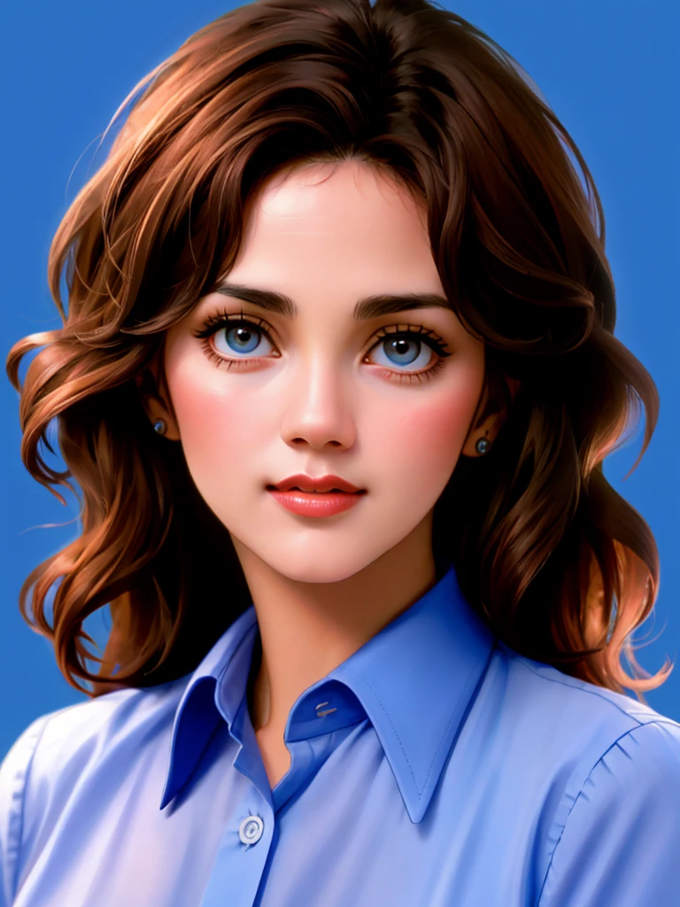 A beautiful lynd4c,1girl, solo, long hair, looking at viewer, blue eyes, simple background, brown hair, shirt, black hair, upper body, parted lips, teeth, lips, blue background, red shirt, realistic, soft lighting, professional Photography, Photorealistic, detailed, RAW, analog, sharp focus, 8k, HD, high quality, masterpiece<lora:lynd4c:1.0>