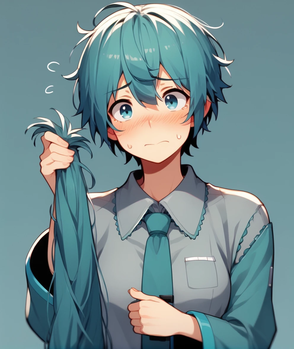 score_9, score_8_up, score_7_up,  source_anime,BREAK,, 1girl,solo,  embarrassed, blush,,( mature female:1.2),  <lora:BigChopPONYXL:1>,bigchop,  (short hair,:1.2) very short hair,, messy hair, hatsune miku,