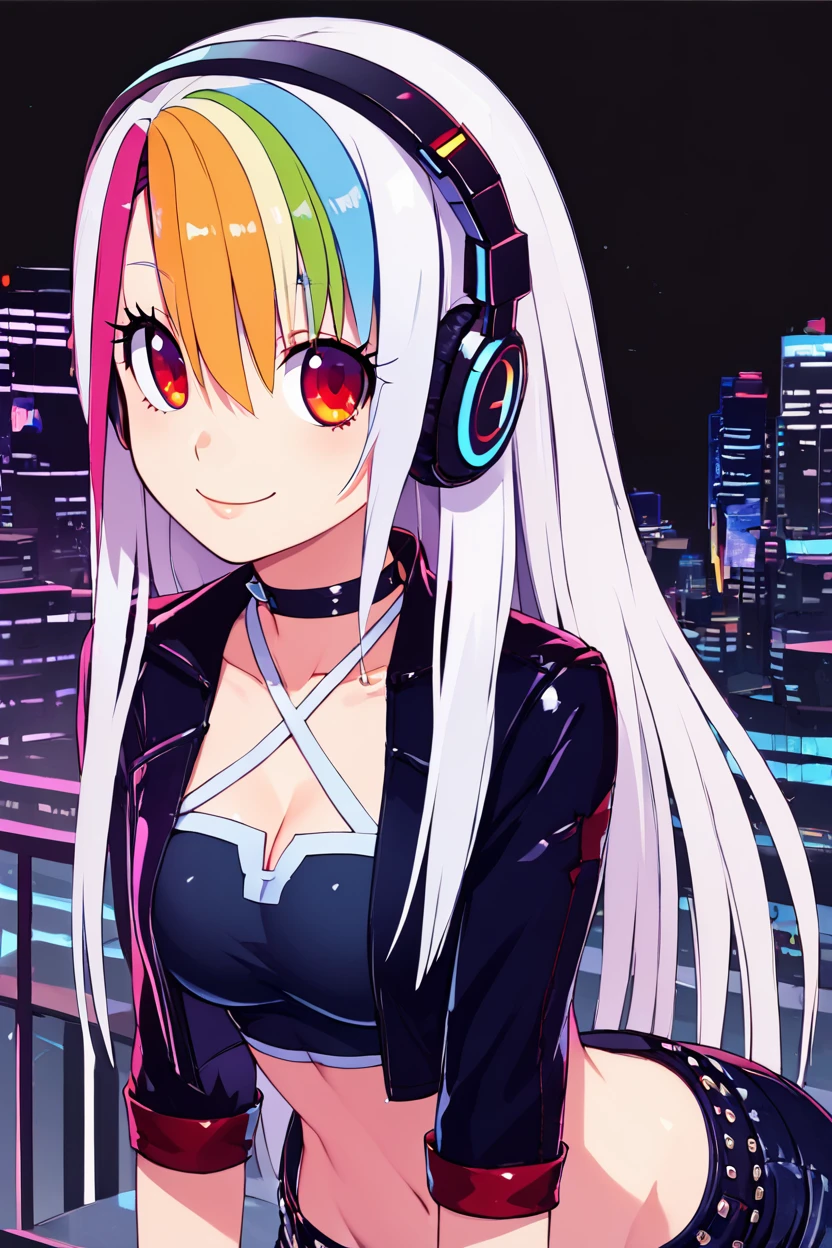 score_9, score_8_up, score_8, medium breasts, (curvy), cute, eyelashes,      harada_takehito,  (neon lights, headphones, cyberpunk:1), Roxy_Citron_OC, 1girl, solo, red eyes, white hair, rainbow hair, long hair, streaked hair, hair between eyes, smile, cuvry, (leaning forward, head tilt) cleavage, upper body, , open jacket, black jacket, midriff, crop top, cropped jacket, belt, criss-cross halter, shorts, shirt, choker, black thighhighs, jewelry, smile, looking at viewer, <lora:Roxy_Citron_OC_P1:0.7>,  <lora:Harada_Takehito_P3:1>,