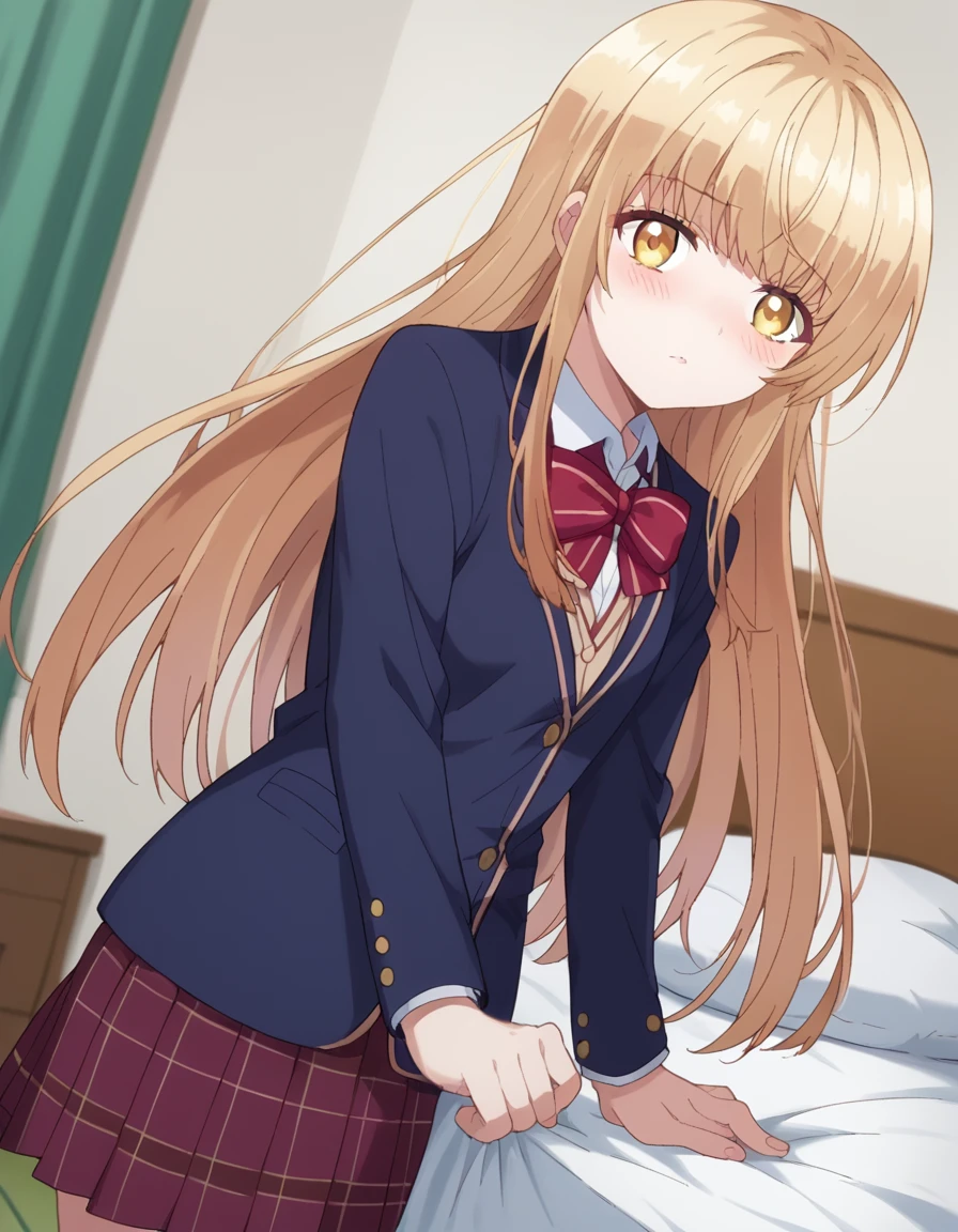 score_9, score_8_up, score_7_up, source_anime,
mahirushiina, <lora:mahiru-shiina-s1-ponyxl-lora-nochekaiser:1>
mahiru shiina, bangs, blonde hair, brown hair, yellow eyes,
long hair, skirt, bow, school uniform, jacket, pleated skirt, plaid, plaid skirt, blazer, cardigan, blue blazer, red bowtie,
indoors, bed, bed room, on side, blush, drunk,
looking at viewer, dutch angle, cowboy shot