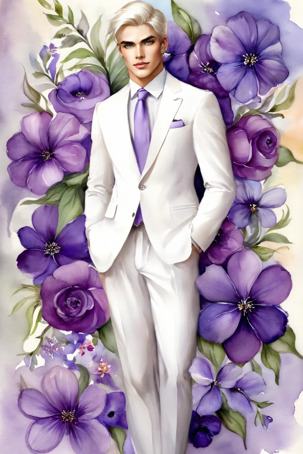 Watercolor painting male, white hair, white eyebrow, grey eyes, pale skin, earrings, full body, purple flowers background, watercolor <lora:Amen XL:0.9> amen . Vibrant, beautiful, painterly, detailed, textural, artistic