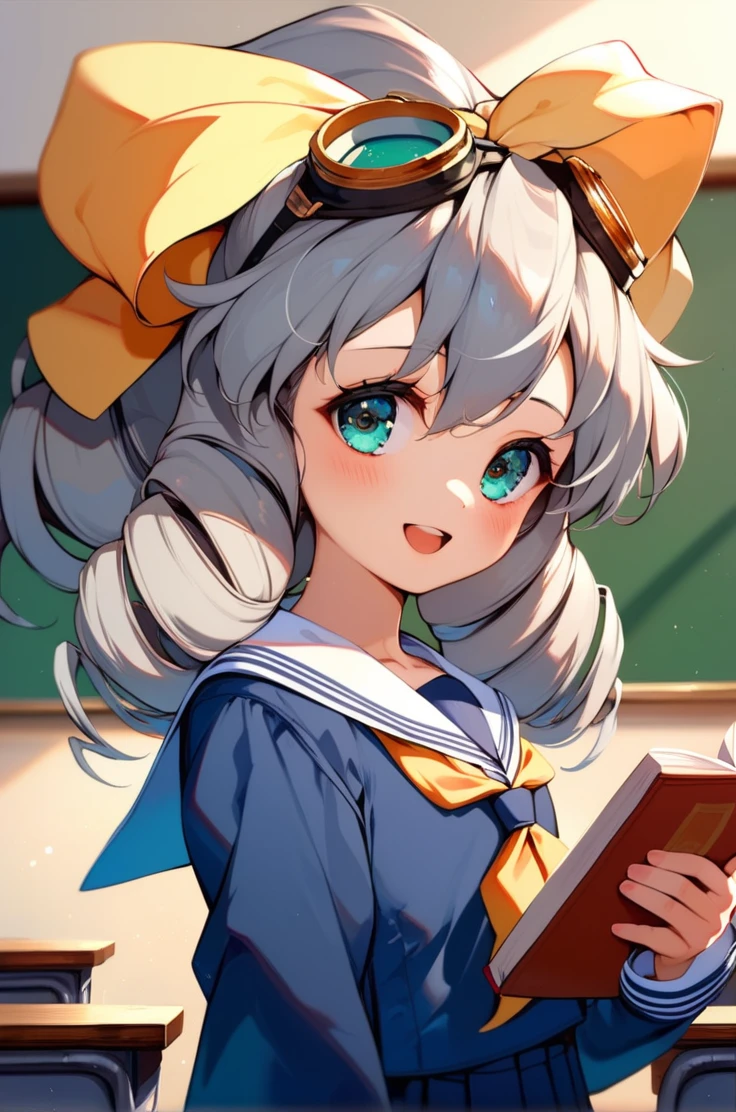 score_9, score_8_up, score_7_up, very aesthetic, source_anime, detailed, high quality, beautiful, masterpiece, detailed eyes, 
<lora:lightXL:0.8>
school, classroom, indoor,
cowboy shot,  close up, 
flat chest, blush,  smile, open mouth, holding book, (serafuku),
<lora:maria_autismConfetti_v01:0.99>
maria balthasar, 1girl, aqua eyes, grey hair, drill hair, goggles on head, hair ribbon,, zPDXL