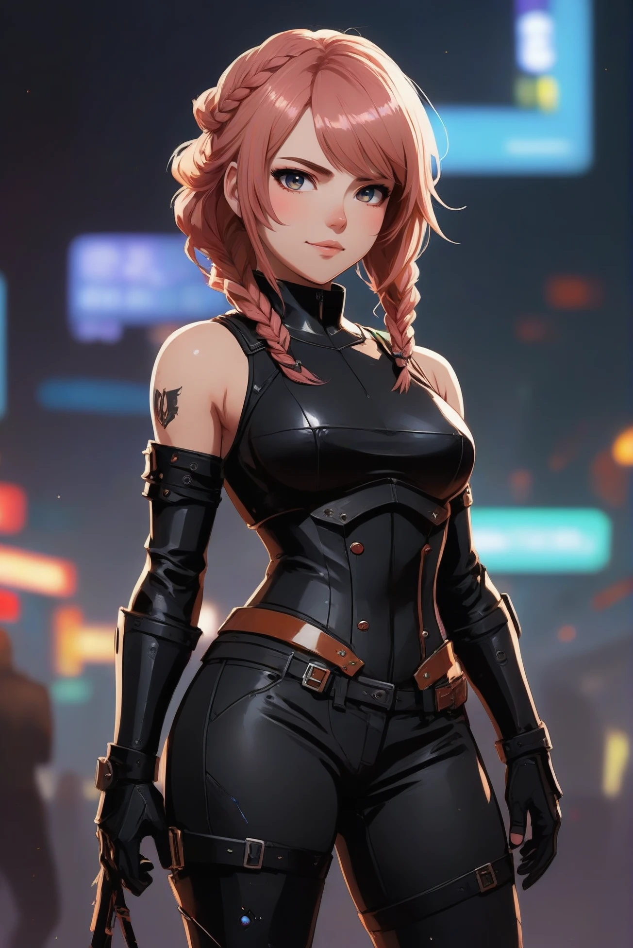 digital painting, anime style, seductive smile, rating_questionable, 1girl, woman, rough digital painting, (full body:1.25), 1girl, solo, [:epic costume design,:0.2] thief, (ragged leather armor,helmet,shield,chestplate,greaves:1.4), (dark skin:1.3), bombshell shimmering light color:lavenderblush and peach hair, Half Up Fishtail Braid, (bulky:1.3) build, simple background, jrpg character concept art, bombshell hair, auburn hair, Tuck and Roll, average figure, caucasian, Underground Nightclub with Holographic DJs \(room\) <lora:EnvyStarlightStark01:1>