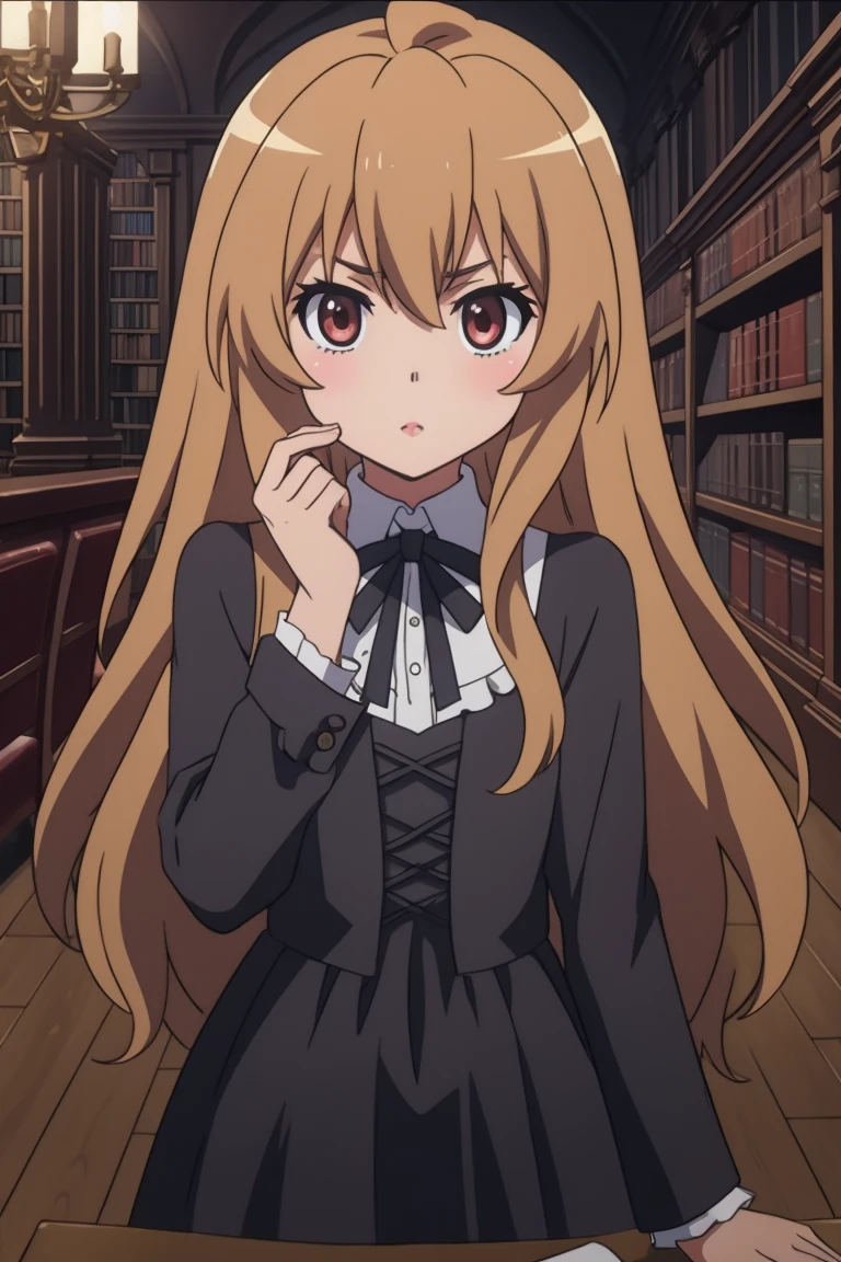 masterpiece, 8k,
taiga,
<lora:toradora_taiga_v2:0.7>
Gothic Library, 
Blowing a kiss