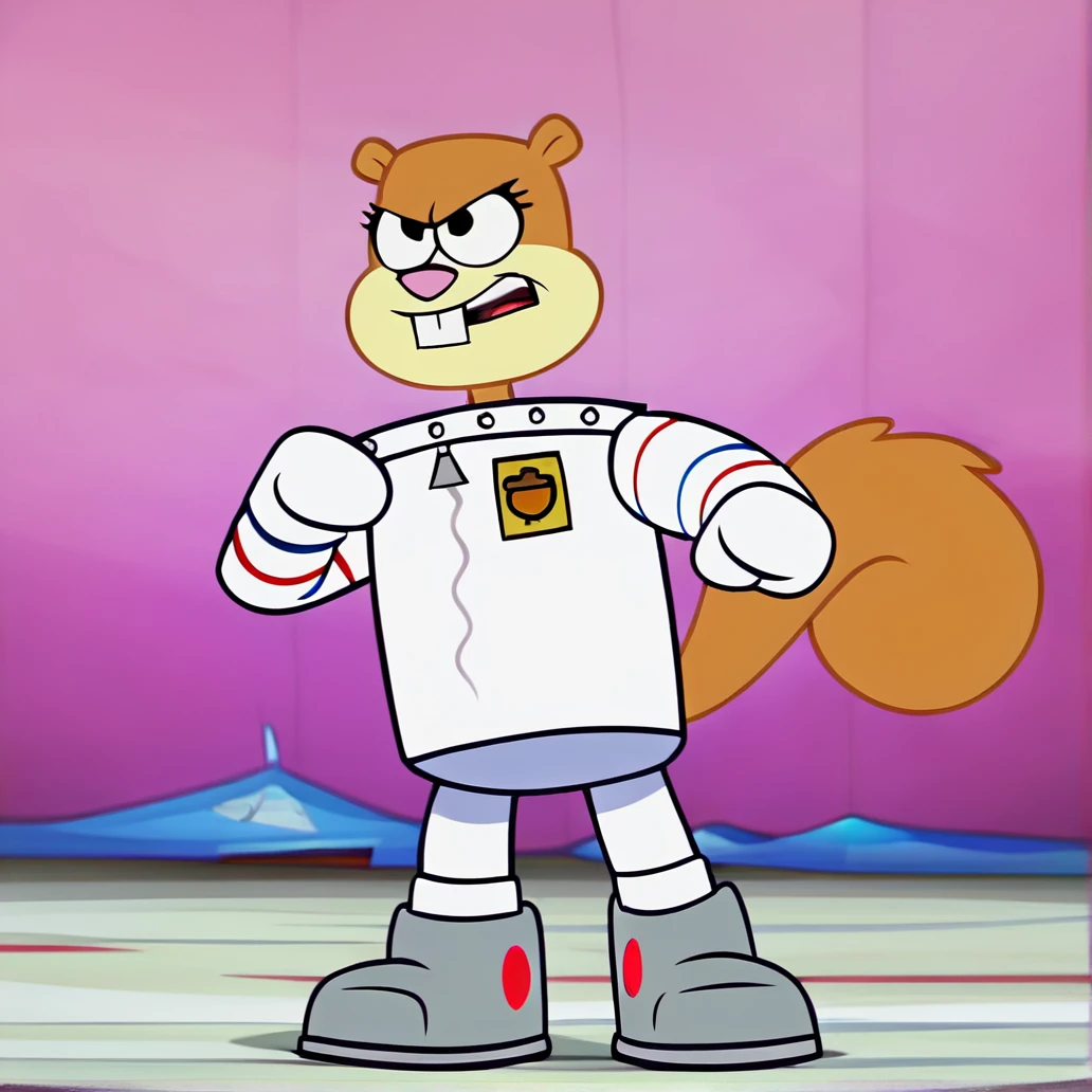 (s@ndy_cheeks), score_9, score_8_up, score_7_up, female, best quality, solo, high quality, source_cartoon, ((show accurate)), amazing detail, hi res, (amazing anatomy), petite, short, young, (small body), (masterpiece), bedroom, furry, tail, squirrel, astronaut suit, action pose