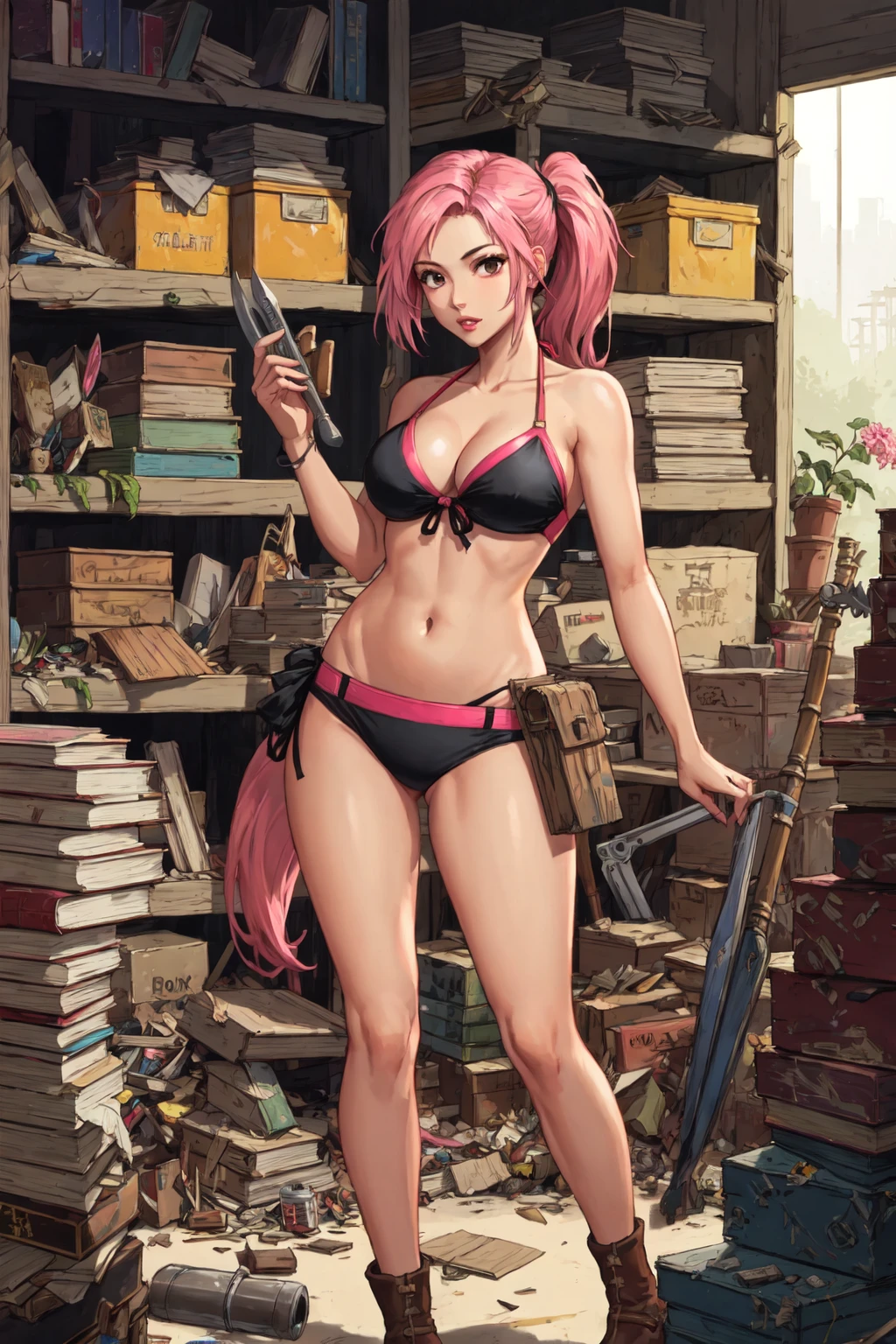 pink hair, pony tail, crop top, bikini, sexy, 1girl, Clutter-Home Clutter-Mechanical CS-RBW