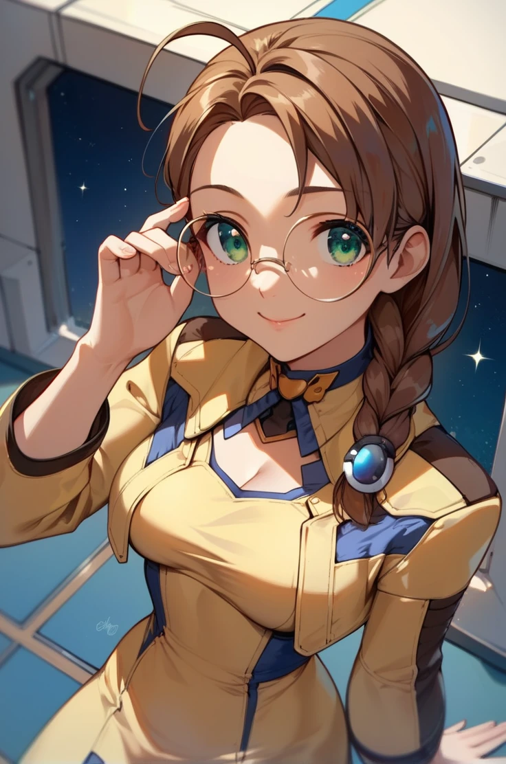score_9, score_8_up, score_7_up, very aesthetic, source_anime, detailed, high quality, beautiful, masterpiece, detailed eyes,
space station, blurry background
<lora:lightXL:0.8>
cowboy shot, close up, dynamic angle,
medium breasts, adjusting glasses, light smile, looking at viewer,
<lora:shion_v06:0.99>
1girl, medium breasts, shion uzuki, brown hair, single braid, ahoge, long hair,
glasses, round eyewear, pantyhose, yellow footwear, cropped jacket, breast cutout, parted bangs, dress, green eyes, yellow dress,, zPDXL