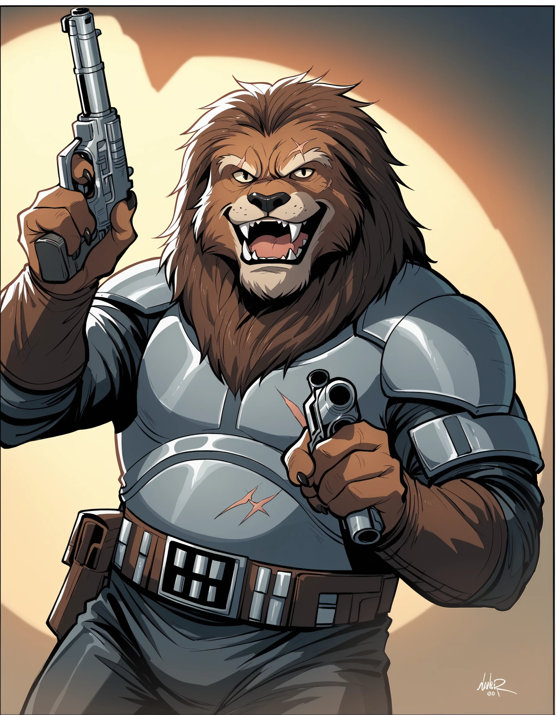 Larocca Art Style, Chewbacca, Star Wars, 1boy, armor, explosive, fangs, furry, furry male, gun, holding, holding gun, holding weapon, looking at viewer, male focus, open mouth, scar, scar on face, solo, teeth, tusks, weapon, PnyCmicXLPOS, <lora:SalvadorLaroccaPDXL:1>