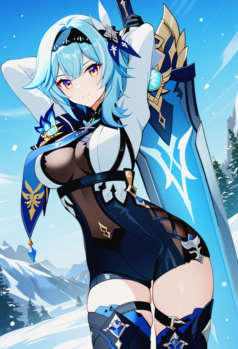 1girl,eula_(genshin_impact),arms_behind_head,asymmetrical_hair,black_hairband,black_headband,black_leotard,blue_cape,blue_hair,blue_necktie,breasts,butterfly_hair_ornament,cape,closed_mouth,gradient_eyes,greatsword,hair_ornament,hairband,headband,high-waist_shorts,holding,holding_sword,holding_weapon,large_breasts,leotard,looking_at_viewer,medium_hair,multicolored_eyes,necktie,outdoors,shorts,sky,smile,snow,solo,<lora:eula-genshin-impact-xl:0.7>,masterpiece,sword,thighhighs,weapon,