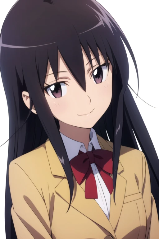 solo, 1girl, looking at viewer, 2D, anime, anime coloring, upper body, (solid white background:1.3), <lora:shino-syd:0.8>, shino amakusa, blazer, school uniform, smile