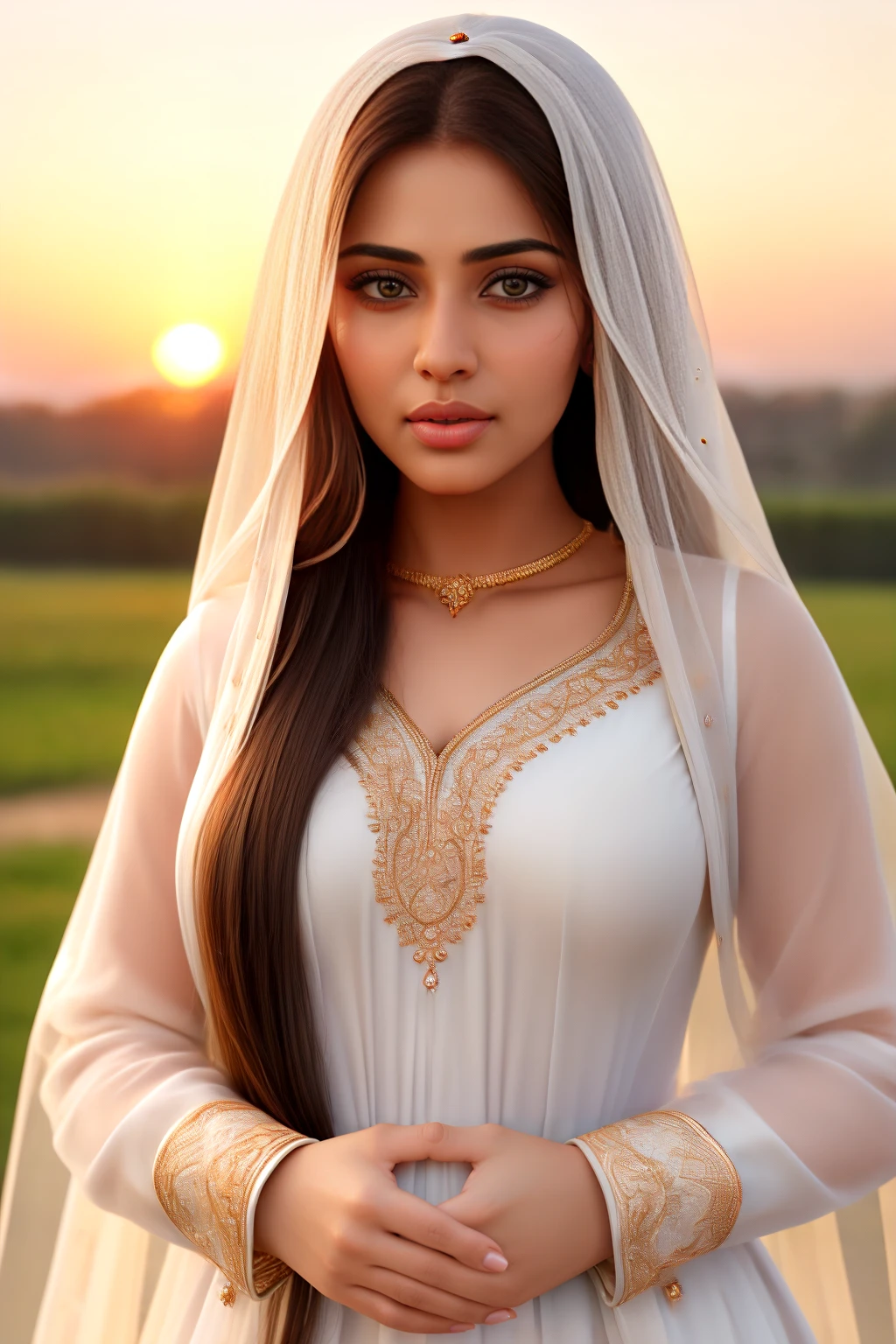 Hyperrealistic art A beautiful ((Pakistani Woman)) with very long straight hair, full lips, a gentle look, and very light white skin. She wears a medieval dress. highly detailed, 8k, and realistic image, sunset, burnt orange, blur background,
, <lora: Pakistani_Face:.8> . Extremely high-resolution details, photographic, realism pushed to extreme, fine texture, incredibly lifelike