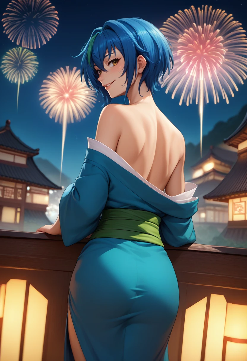 score_9, score_8_up, score_7_up, source_anime, from behind, solo, 1girl, xenovia quarta, smile, looking back, blue kimono, off shoulder, green sash, bare shoulders, fireworks <lora:highschooldxd_xenovia_ponyXL:1>