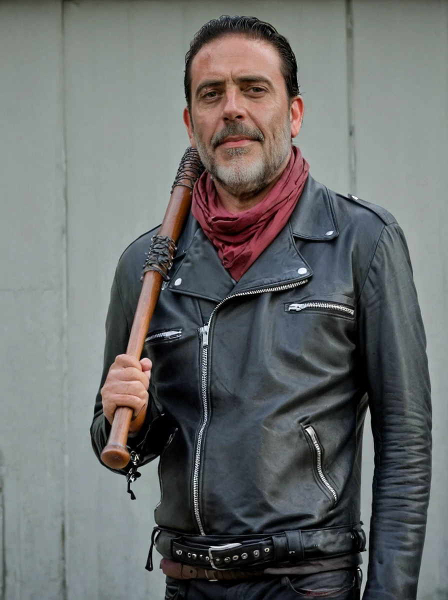 red scarf, beard, negan, leather jacket <lora:negan-000005:0.7>