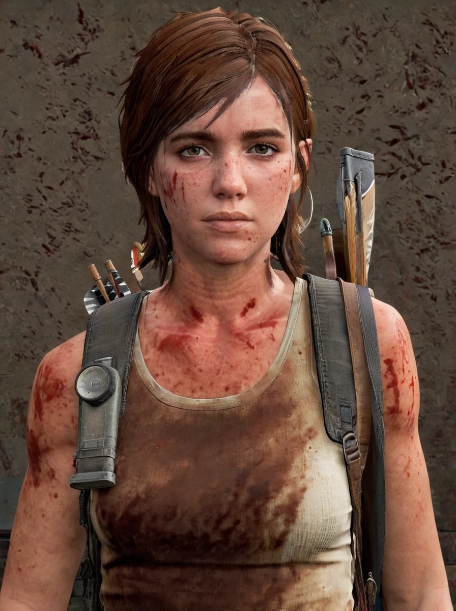 ellie williams, brown hair, vest, blood, video game graphics <lora:ellie (1):0.7>