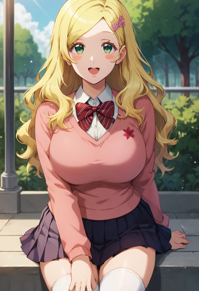 masterpiece,best quality, highly detailed, score_9, score_8_up, score_7_up, score_6_up,<lora:xl_more_art-full_v1:0.8>,
BREAK
 <lora:carol:0.8>carol, 1girl, blonde hair, solo, thighhighs, green eyes, skirt, white thighhighs,large breasts,  long hair, open mouth, smile, sweater, looking at viewer, blush stickers, pleated skirt, school uniform