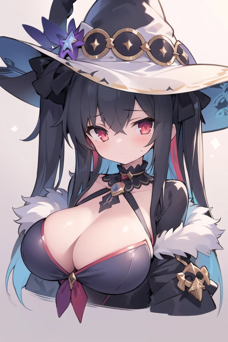 (masterpiece),best quality,portrait,three-quarter view,eye focus,1girl,breasts,black choker,upper body,multicolored hair,cleavage,swimsuit,witch hat,dress,