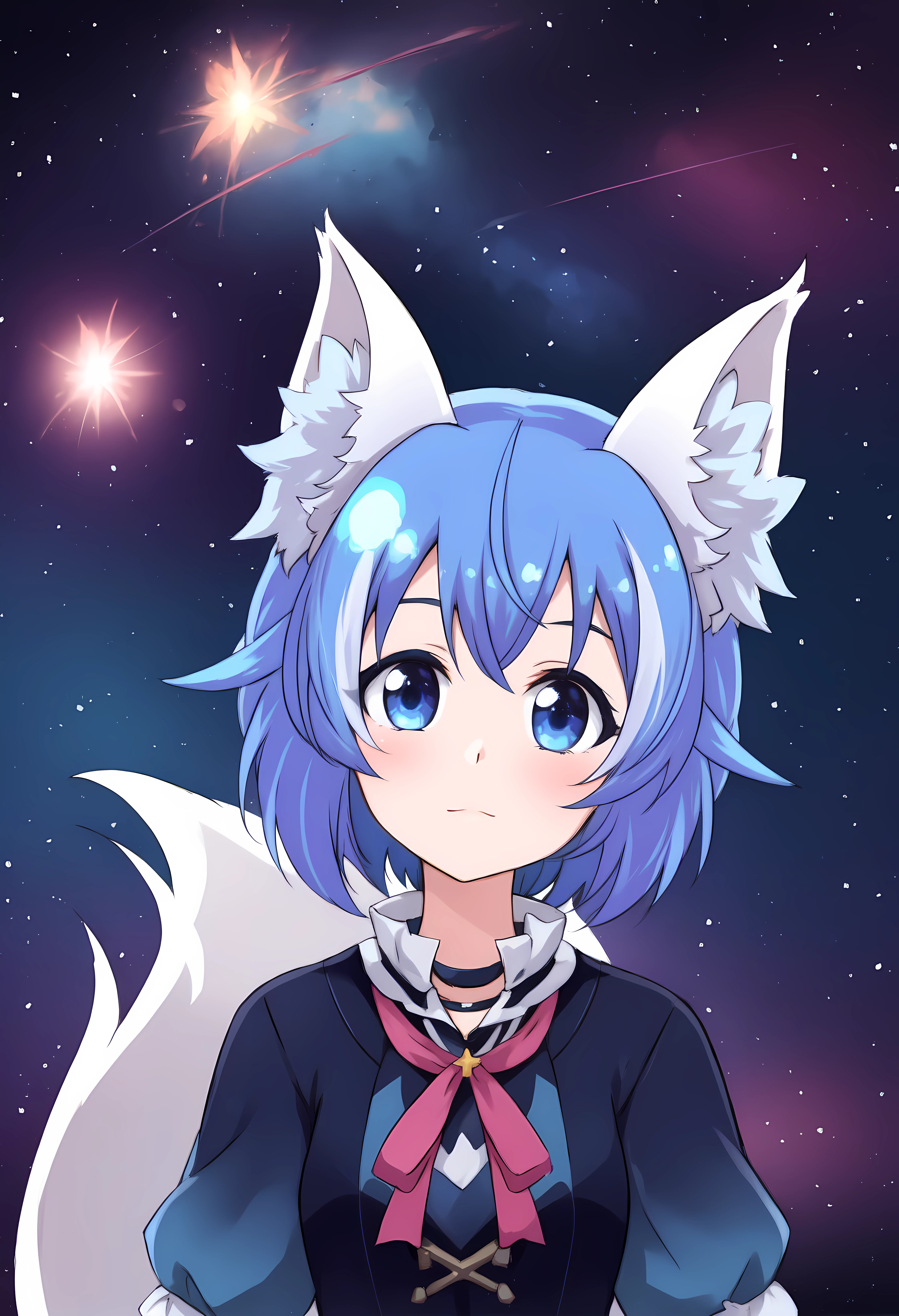 space, floating in space, constelation, stars, nebula, planets, masterpiece, best quality, high quality, highres, ultra-detailed, <lora:Wolfychu:0.7>, Wolfychu, blue hair, blue eyes, cat ears, short hair, white skin