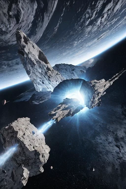 blue and white space object in the shape of an arch in space on a black background asteroid ring red cyborg, space art