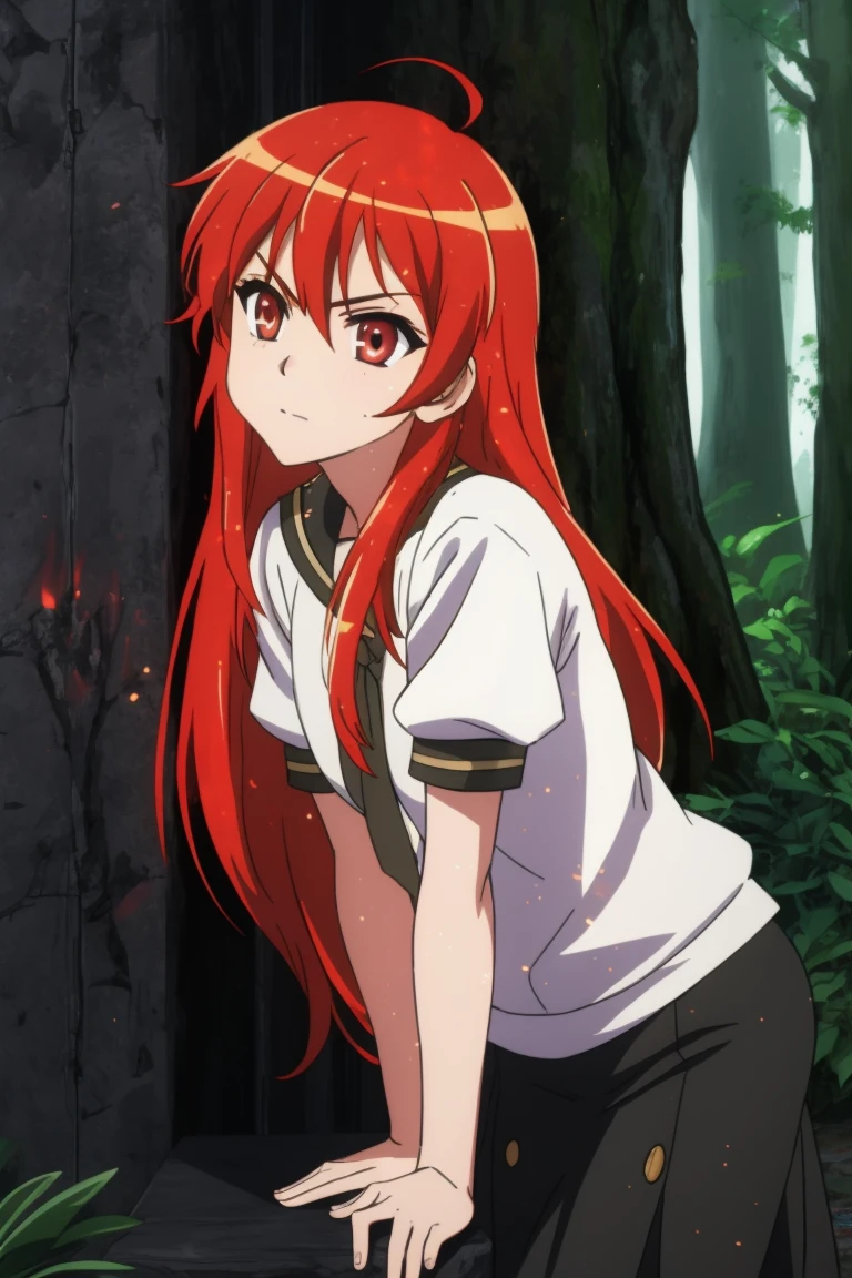 masterpiece, 8k,
flame-haired burning-eyed hunter,
 <lora:ShakuganNoShana_shana_v4:0.7>
Supernatural Forest, 
Leaning against a wall seductively