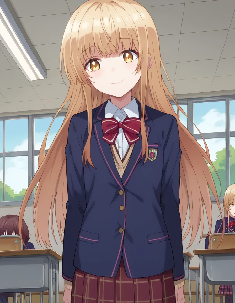 score_9, score_8_up, score_7_up, source_anime,
mahirushiina, <lora:mahiru-shiina-s1-ponyxl-lora-nochekaiser:1>
mahiru shiina, bangs, blonde hair, brown hair, yellow eyes,
long hair, skirt, bow, school uniform, jacket, pleated skirt, plaid, plaid skirt, blazer, cardigan, blue blazer, red bowtie,
indoors, classroom, smile,
looking at viewer, dutch angle, cowboy shot