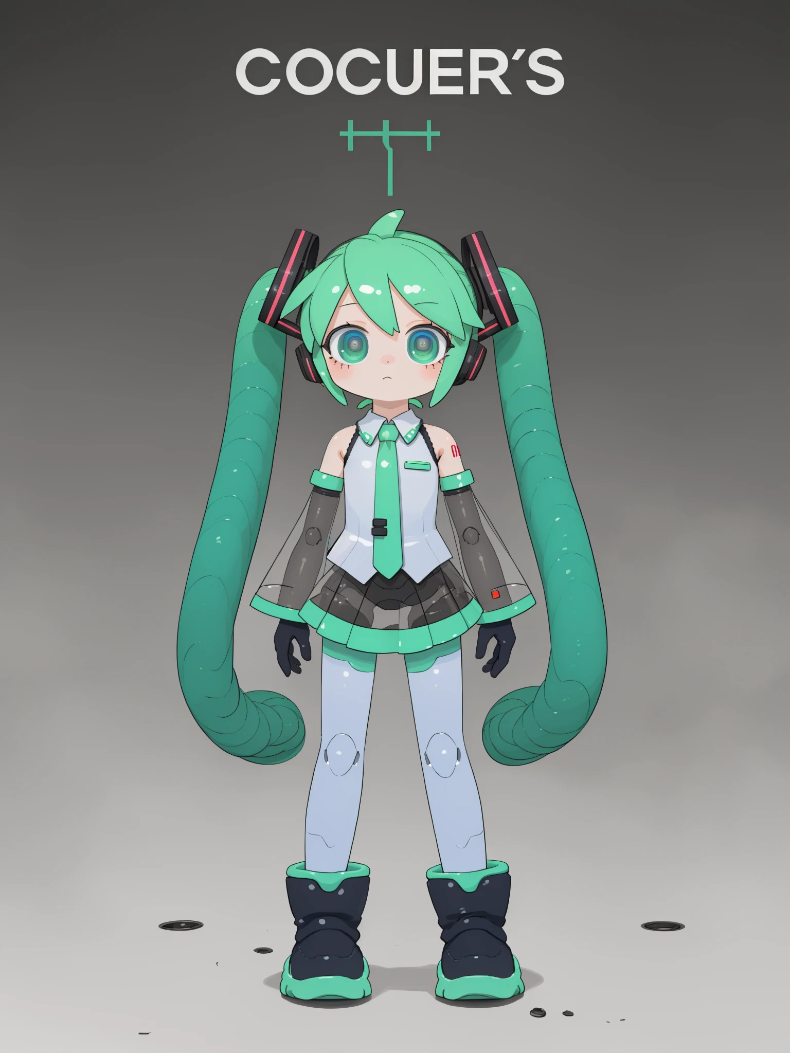 best quality,amazing quality,very aesthetic,absurdres,simple_background, solo, white_background,1girl, looking_at_viewer, full_body, standing, closed_mouth, long_hair, skirt, android, necktie, boots, robot_joints, joints, very_long_hair, twintails, hatsune_miku, detached_sleeves, black_footwear, shoes, robot_girl, green_eyes, green_hair, mechanization, see-through, multicolored_hair, see-through_sleeves, arms_at_sides, straight-on, cable, expressionless, mechanical_parts, english_text, <lora:lvzi:1>