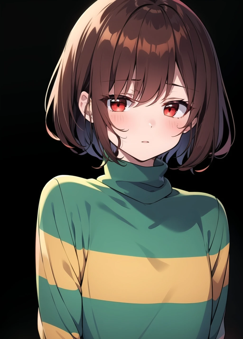 <lora:Chara anything45pruned22r60r-000006:0.7>, chara, 1girl, brown hair, red eyes, solo, shirt, looking at viewer, upper body, striped, black background, simple background, short hair, striped sweater, striped shirt, bangs, parted lips, sweater