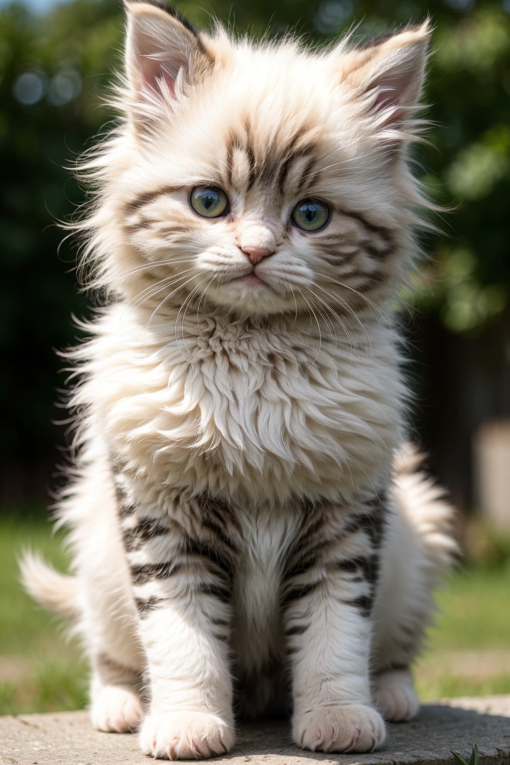 realistic photo of a (small fluffy kitty:1.3), Ñute, white, portrait, green eyes, bright eye contact, detailed eyes, empty background