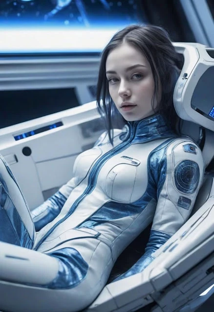 cyborg girl with blue skin, in a space jumpsuit, lying in a spaceship chair, close-up, side view, panels with blue backlight, futuristic art, computer graphics, space, Esther Mattioni, space art
(Futuristic spaceship interior: 1.3), (smooth white panels: 1.1), reflective floor (all-round view screen: 1.2), diffused light (neon accents: 1.1), advanced technology, sterile environment, science fiction atmosphere, interstellar travel, Sony A7R IV, 1/50 s, f/2.8, ISO 640, wide-angle perspective, spatial depth, architectural symmetry, minimalist design (cool tones: 1.1), LED lighting, conceptual art