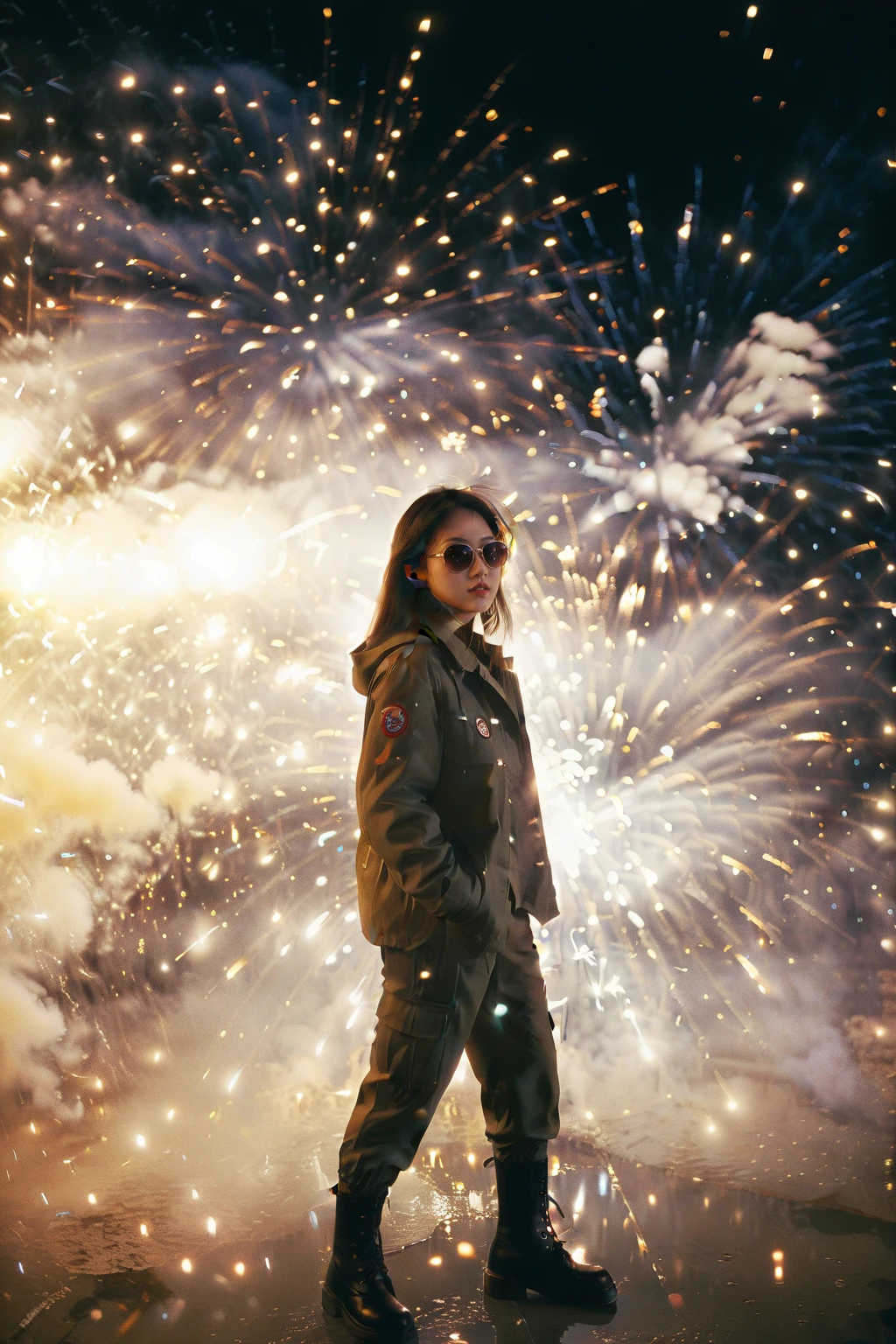 an asian girl,film grain texture,analog photography aesthetic,fire,fireworks,night,<lora:disillusion Â· fireworks_SDXL:1>,sunglasses,dynamic angle,(Utility_jacket:1.4),(Cargo_pants:1.3),(Combat_boots:1.2),