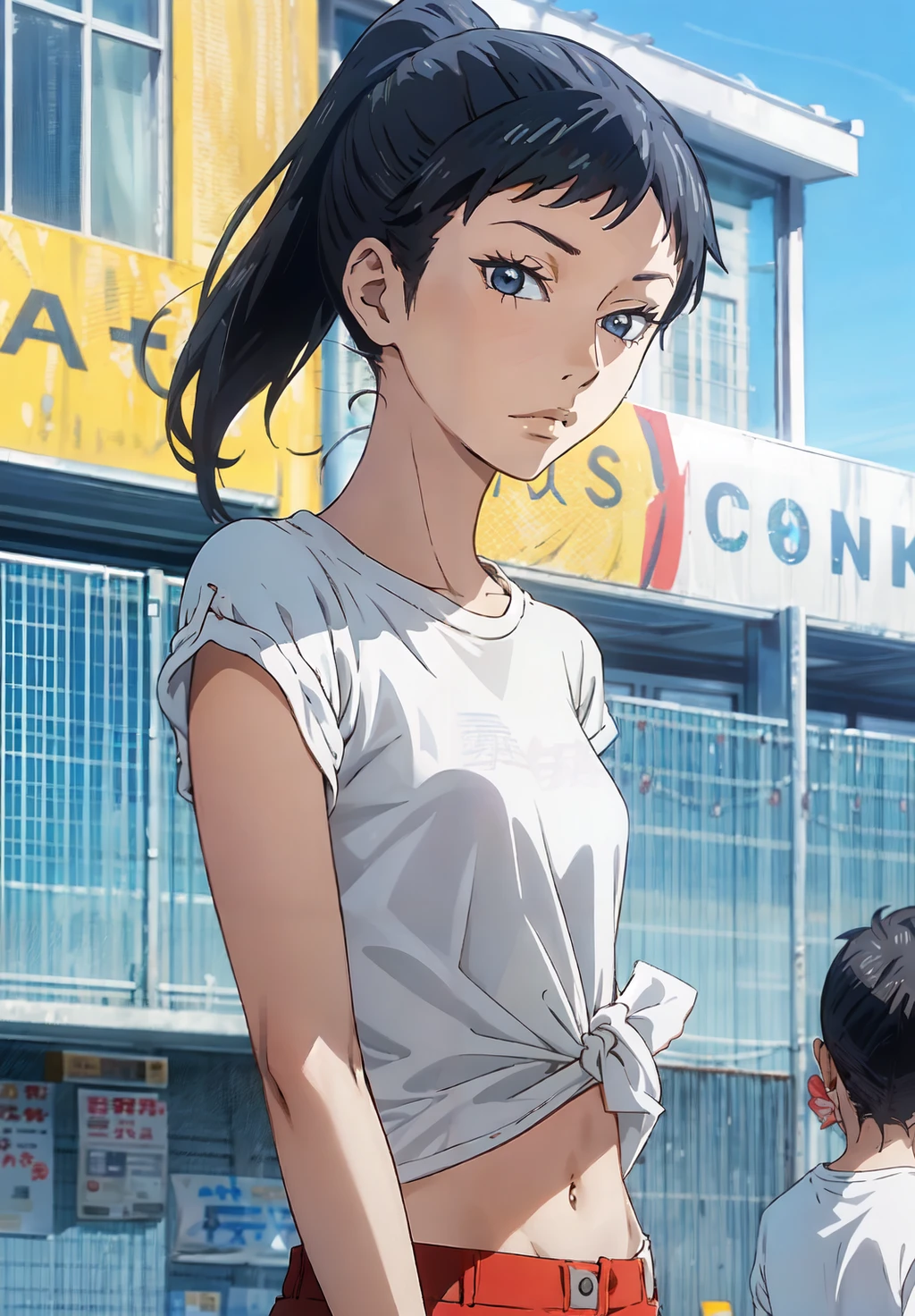 Takako_Chino, long hair, shirt, navel, white shirt, ponytail, sky, midriff, short, t-shirt, tied shirt, looking at viewer,
