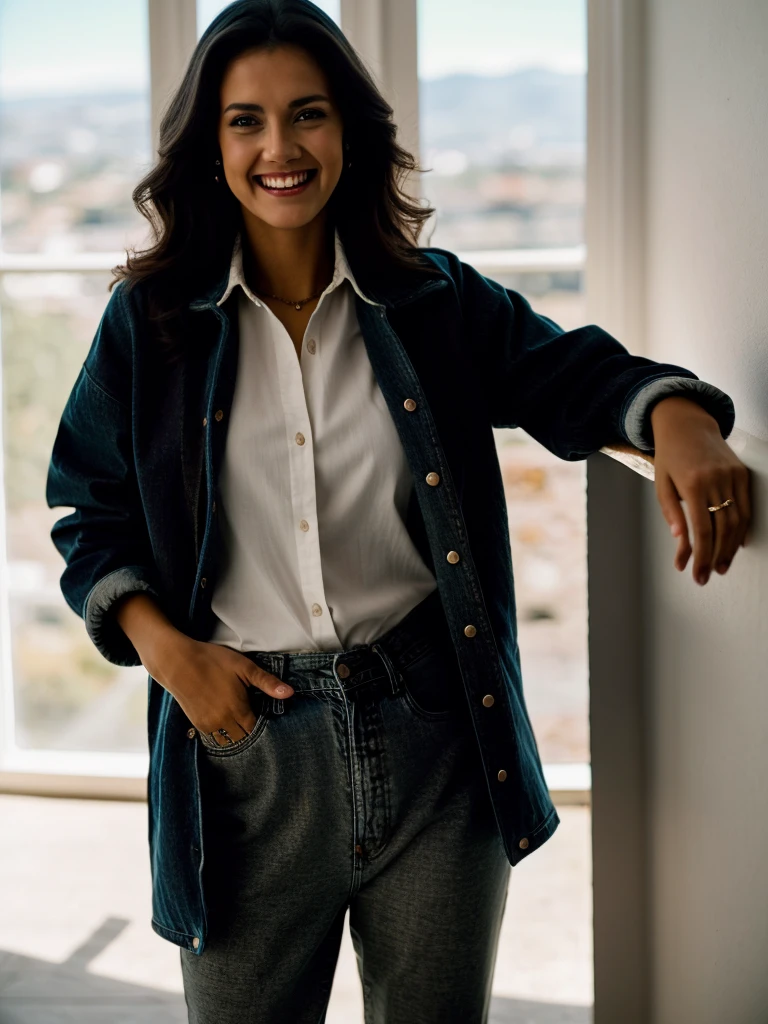 A beautiful lynd4c,1girl, solo, long hair, smile, shirt, black hair, jacket, pants, bag, grin, denim, clothes writing, jeans, realistic, soft lighting, professional Photography, Photorealistic, detailed, RAW, analog, sharp focus, 8k, HD, high quality, masterpiece<lora:lynd4c:1.0>