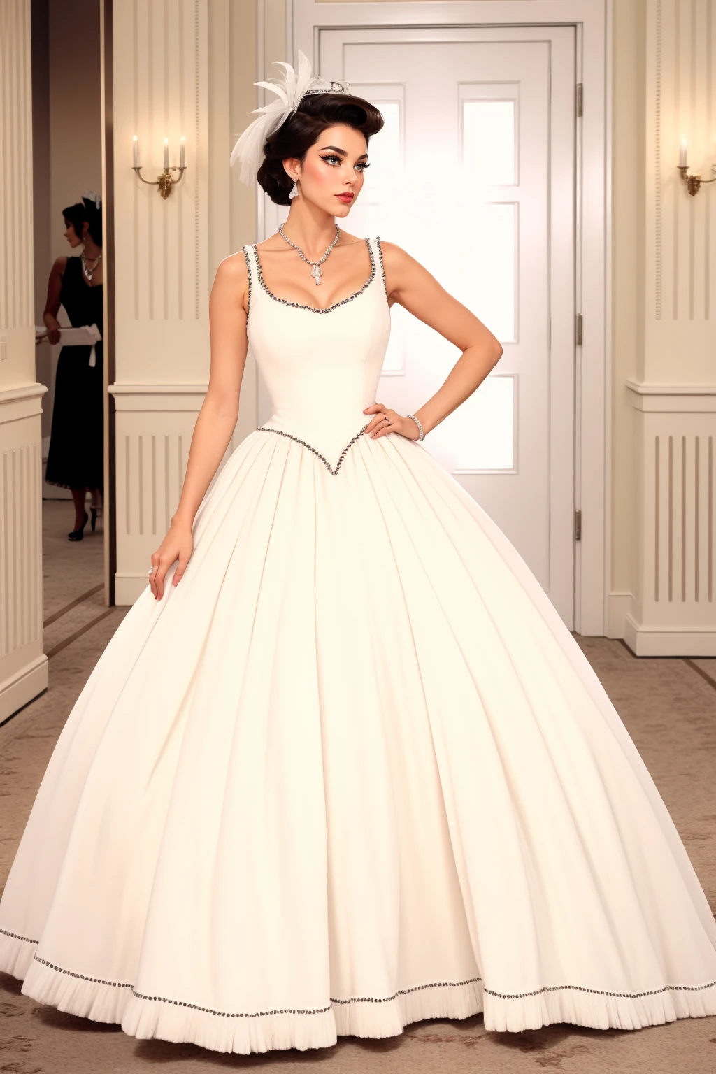 woman, adult, beautiful, solo, high quality, best quality, highres, high detail,<lora:Outfit_soph-ChanelPrincessGown:0.75> dr3ss, white dress, ((ballgown)), trim stitching,  sleeveless Classic Hollywood Glamour Suite, Mirrored accents, plush velvet furnishings, and a lavish dressing area, transporting you to the golden age of cinema. necklace, jewelry dark hair eyeliner, eyeshadow, makeup, iridescent lips full body, shrug \(clothing\), fascinator, veil