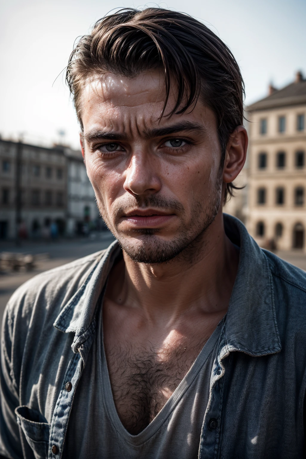 ((Portrait Photography)),(best quality, high quality, sharp focus:1.4), european man, realistic photo of a worker after a hard day, dirty face, sweaty dirty clothes, realistic ,masterpiece,