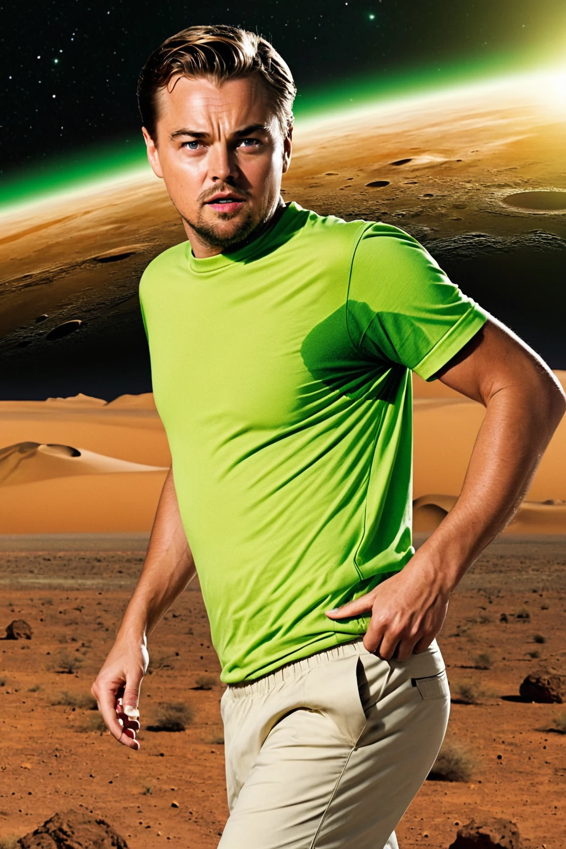 front view of Leonardo DiCaprio on his shorts wearing a high crewneck dark-lime green (shirt with sweat:1.3) running in a distant planet moon surface alone, dynamic pose, his arms are behind his head,
large (s3t on armpit:1.2),
natural lighting, 4k uhd, dslr, high quality, Fujifilm XT3<lora:sweaty_shirt_v5-28-B1-Rescale:0.8>, <lora:80sHorror_Bussy_Killer:0.5:lbw=0.18,0,0,0,0,0,0.6,1.1,1,0,0.15,1> 80sHorror, cover art, Bussy Killer,