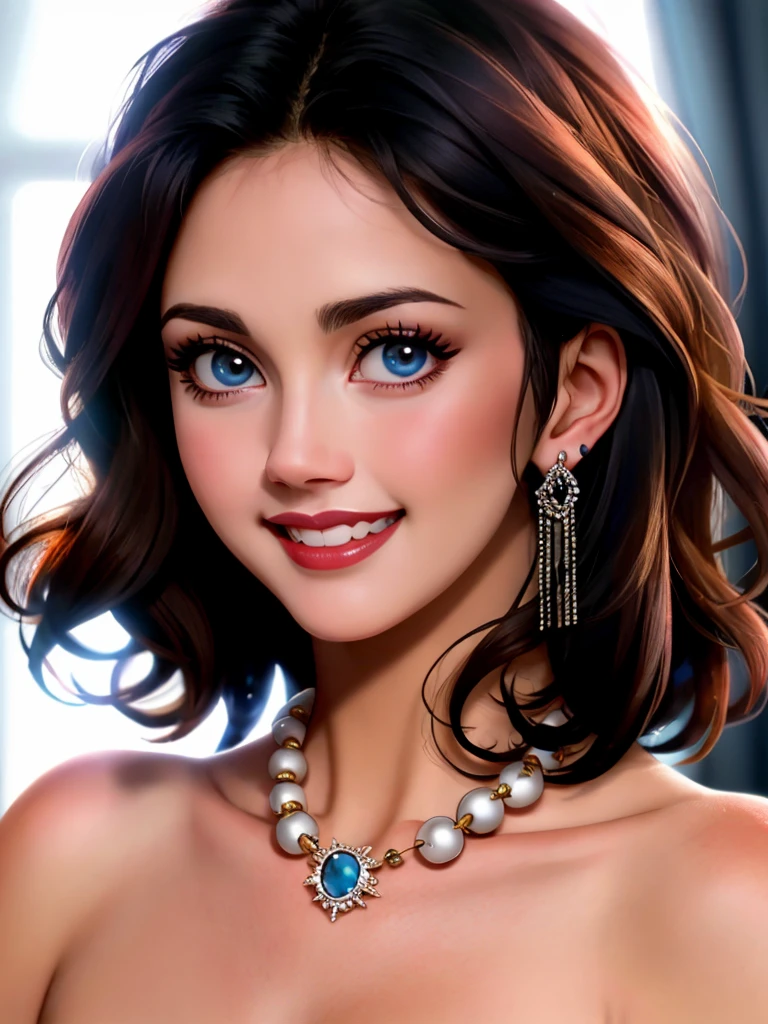 A beautiful lynd4c,1girl, solo, long hair, looking at viewer, smile, blue eyes, black hair, jewelry, earrings, teeth, signature, necklace, grin, lips, eyelashes, makeup, traditional media, lipstick, portrait, realistic, soft lighting, professional Photography, Photorealistic, detailed, RAW, analog, sharp focus, 8k, HD, high quality, masterpiece<lora:lynd4c:1.0>