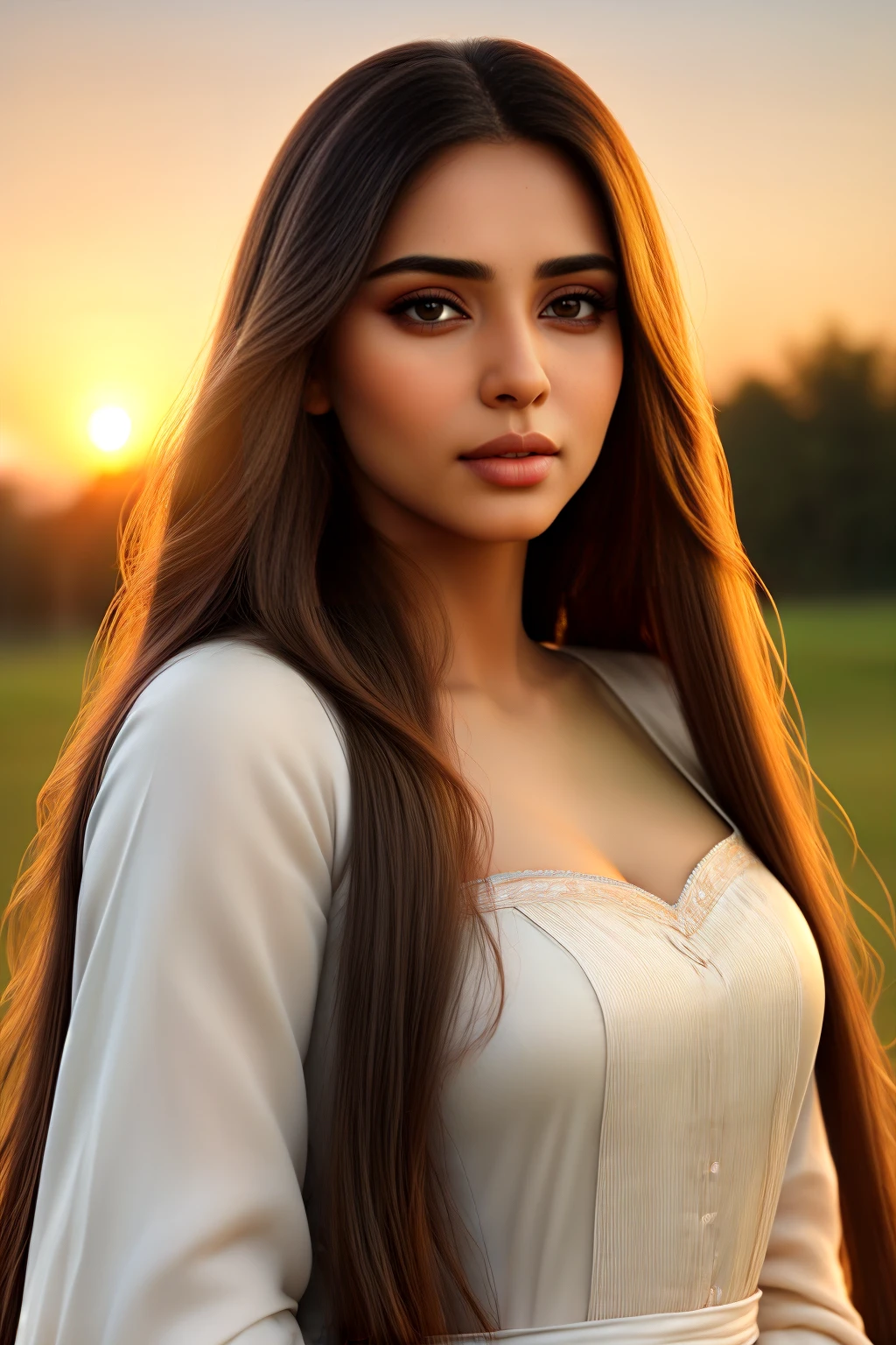 Hyperrealistic art A beautiful ((Pakistani Woman)) with very long straight hair, full lips, a gentle look, and very light white skin. She wears a medieval dress. highly detailed, 8k, and realistic image, sunset, burnt orange, blur background,
, <lora: Pakistani_Face:.8> . Extremely high-resolution details, photographic, realism pushed to extreme, fine texture, incredibly lifelike