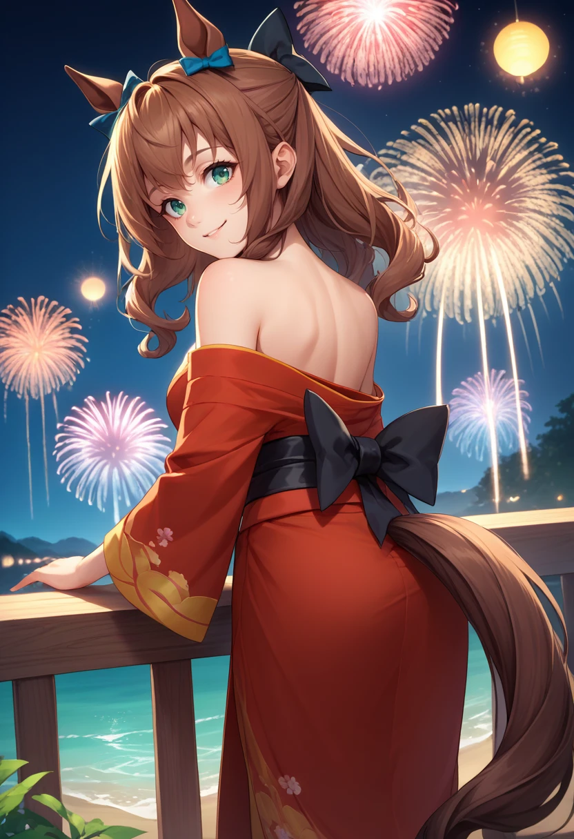 score_9, score_8_up, score_7_up, source_anime, from behind, solo, 1girl, maruzensky, smile, looking back, hair bow, black bow, animal ears, ear bow, green eyes, red kimono, off shoulder, black sash, horse tail, bare shoulders, fireworks <lora:umamusume_maruzensky_ponyXL:1>