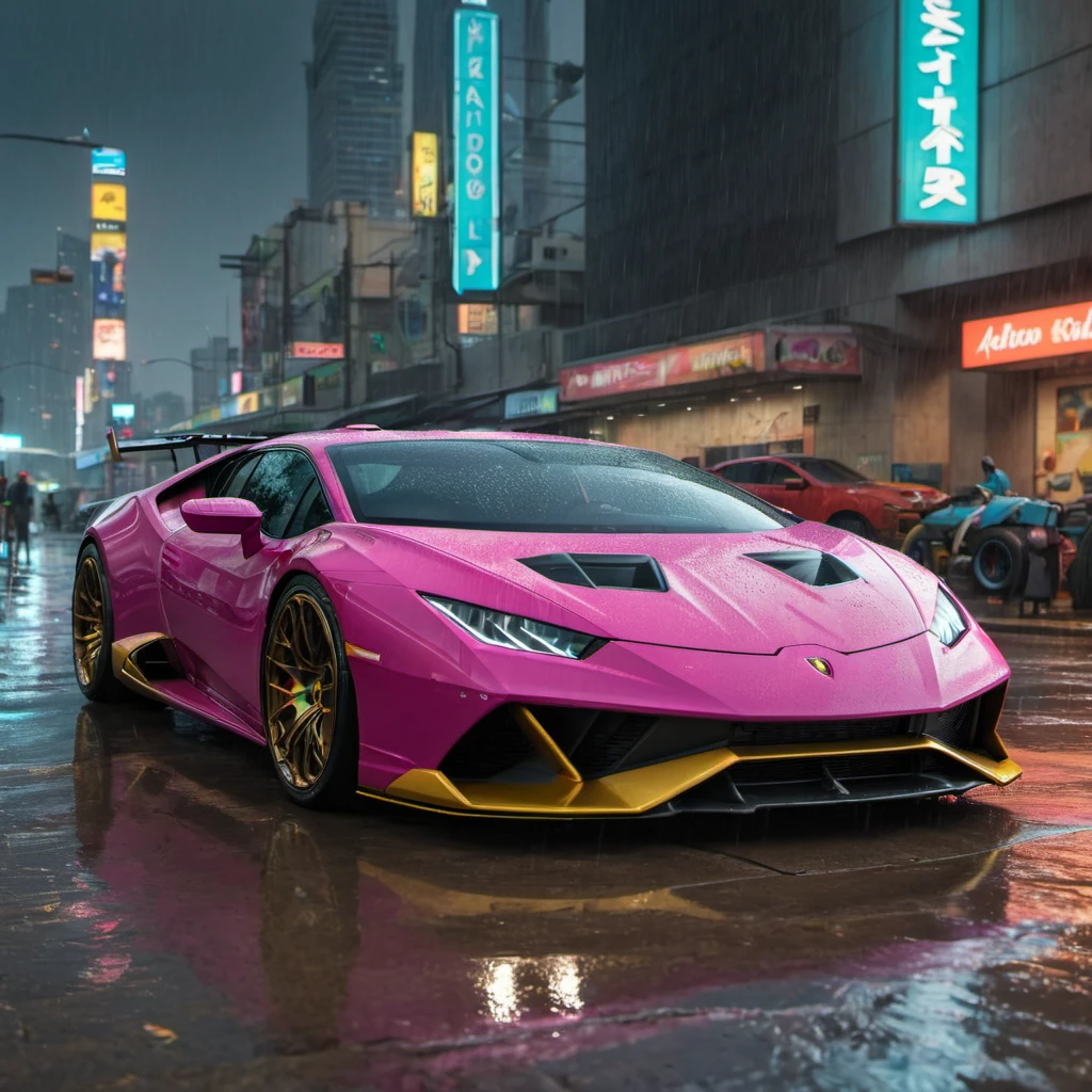 HuracánCar,sports car,masterpiece, <lora:Huracán_XL:0.6>,
future  city, rainy ,cyberpunk city ,(((cinematic lighting))), soft cinematic light, adobe lightroom, photolab, hdr, immense detail, photorealism, professional photography