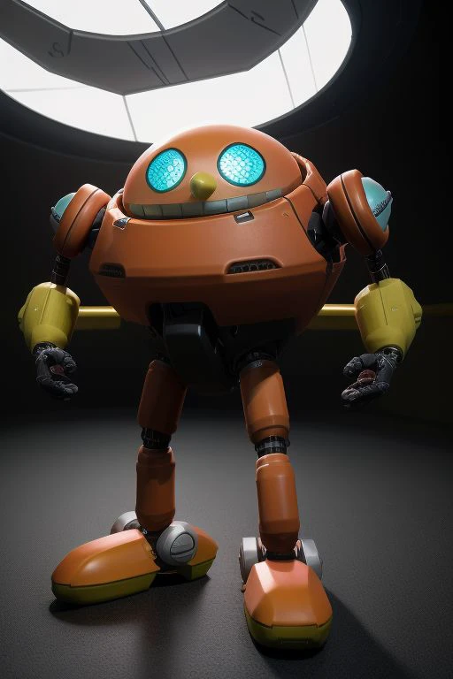 Tall, High quality, nonblurry, male focus, Ultra HD, HDR, 8K, smooth lighting, solo, (fully clothed, masterpiece, photorealistic, good shading, studio quality), (Egg Pawn, robot, orange round body and a dome-shaped head, blank cyan eyes, sharp yellow nose, a wide glowing panel for a mouth), best_quality, perfect quality, cinematic lighting, highest quality, intricate details