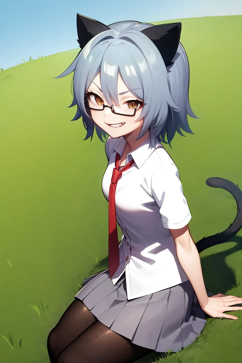 masterpiece, best quality,
1girl, qpsyuki , grey hair, short hair, brown eyes, cat girl, cat ears, glasses,
necktie,  white shirt, skirt, pantyhose,
evil smile, solo, looking at viewer, grass, blue sky, meadow background     <lora:Yuki:1>