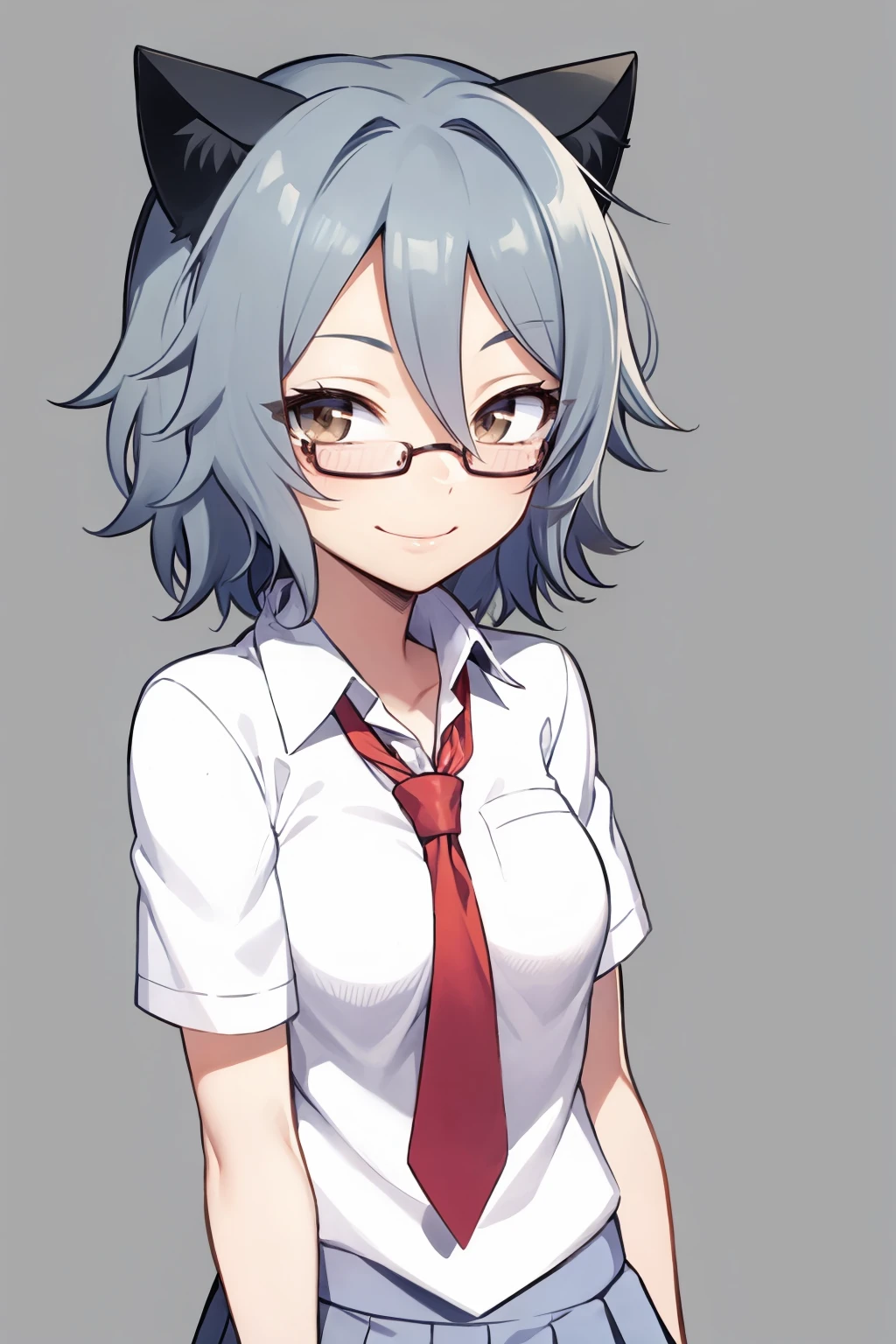 masterpiece, best quality,
1girl, qpsyuki , grey hair, short hair, brown eyes, cat girl, cat ears, glasses
necktie,  school uniform,  skirt, 
smile,  upper body, solo, looking at viewer, simple background     <lora:Yuki:1>