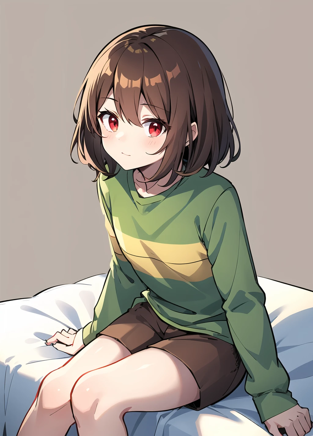 <lora:Chara anything45pruned22r60r-000006:0.7>, chara, 1girl, shorts, shirt, brown hair, solo, striped, simple background, brown shorts, long sleeves, green shirt, striped shirt, red eyes, small breasts, closed mouth, looking at viewer, sitting on the bed