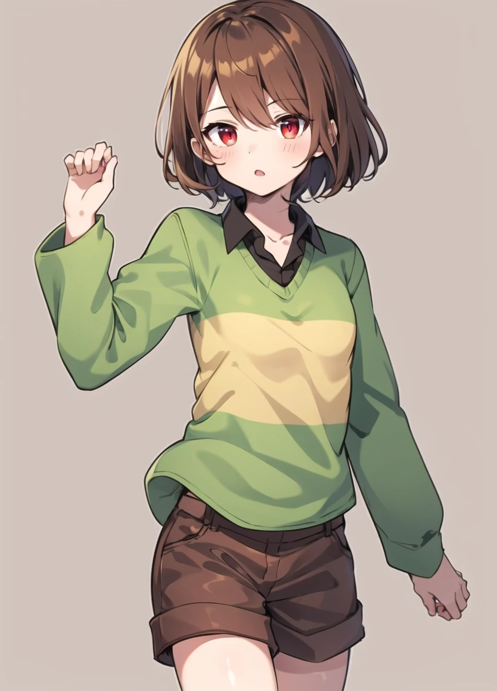 <lora:Chara anything45pruned22r60r-000006:0.7>, chara, 1girl, shorts, shirt, brown hair, solo, striped, collared shirt, simple background, brown shorts, long sleeves, cowboy shot, green shirt, striped shirt, red eyes, small breasts