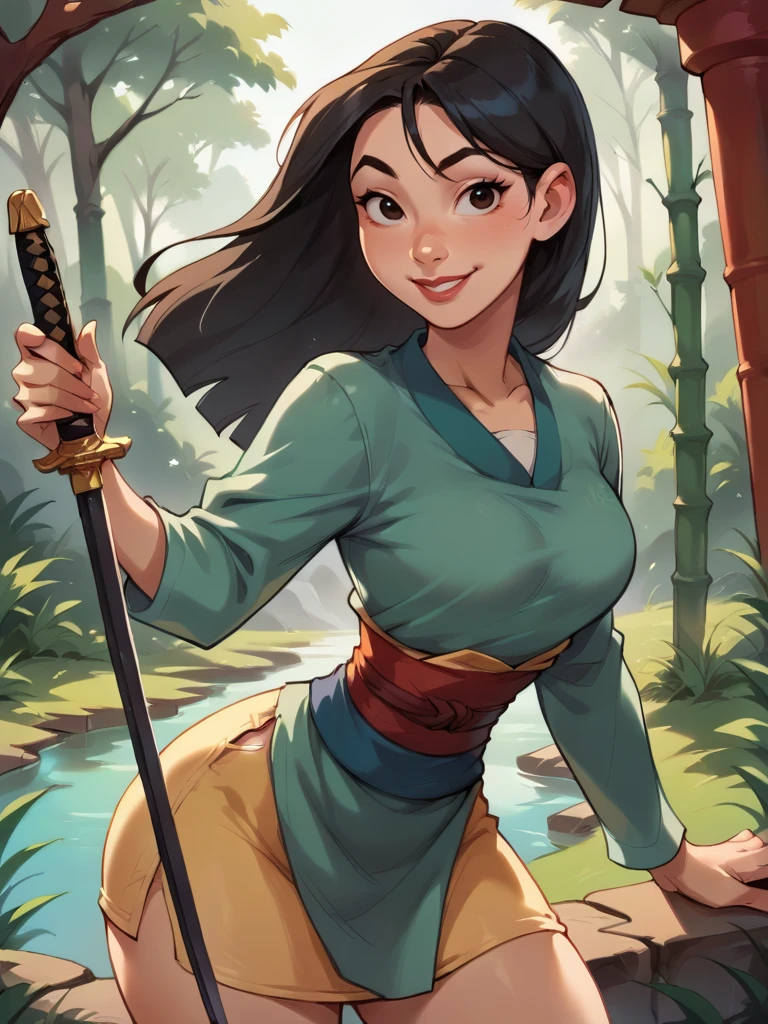 score_9, score_8_up, score_7_up, score_6_up, MulanXLP, long sleeves, green dress, red sash, yellow skirt, sexually suggestive, nsfw, medium breasts, narrow waist, wide hips, thick thighs, looking at viewer, cowboy shot, cartoon, dynamic pose, smile, cute, wide shot, solo, chinese temple, bamboo forest, disney, dutch angle, from side, katana,
<lora:MulanXLP_character:1> <lora:Realistic_2.5DAnime_Merge1:0.6>