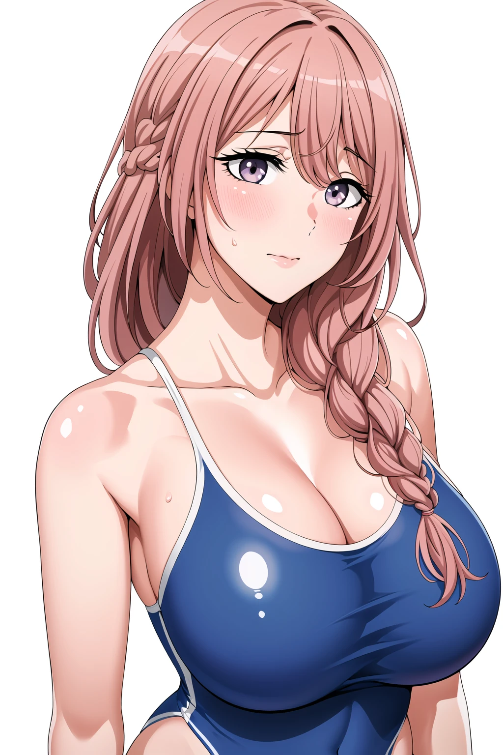 Simple White Background,
dynamic pose,standing at attention,
Blue competition swimsuit, one-piece swimsuit, bare shoulders, collarbone, cleavage, 
<lora:Shinju_Inui_MyDressUpDarling-KK77-V2:0.7>,
,pink_hair,bangs,Brown_Eyes,(single_braid:1.4), 
<lora:Oda_Non_Style-KK77-V2:0.3>,<lora:more_details:0.1>,
1 girl, 20yo,Young female,Beautiful long legs,Beautiful body,
Beautiful Nose,Beautiful character design, perfect eyes, perfect face,expressive eyes,perfect balance,
looking at viewer,(Focus on her face),closed mouth, (innocent_big_eyes:1.0),(Light_Smile:0.3),
official art,extremely detailed CG unity 8k wallpaper, perfect lighting,Colorful, Bright_Front_face_Lighting,White skin,
(masterpiece:1.0),(best_quality:1.0), ultra high res,4K,ultra-detailed,
photography, 8K, HDR, highres, absurdres:1.2, Kodak portra 400, film grain, blurry background, bokeh:1.2, lens flare, (vibrant_color:1.2),professional photograph,
(Beautiful,large_Breasts:1.6), (beautiful_face:1.5),(narrow_waist),