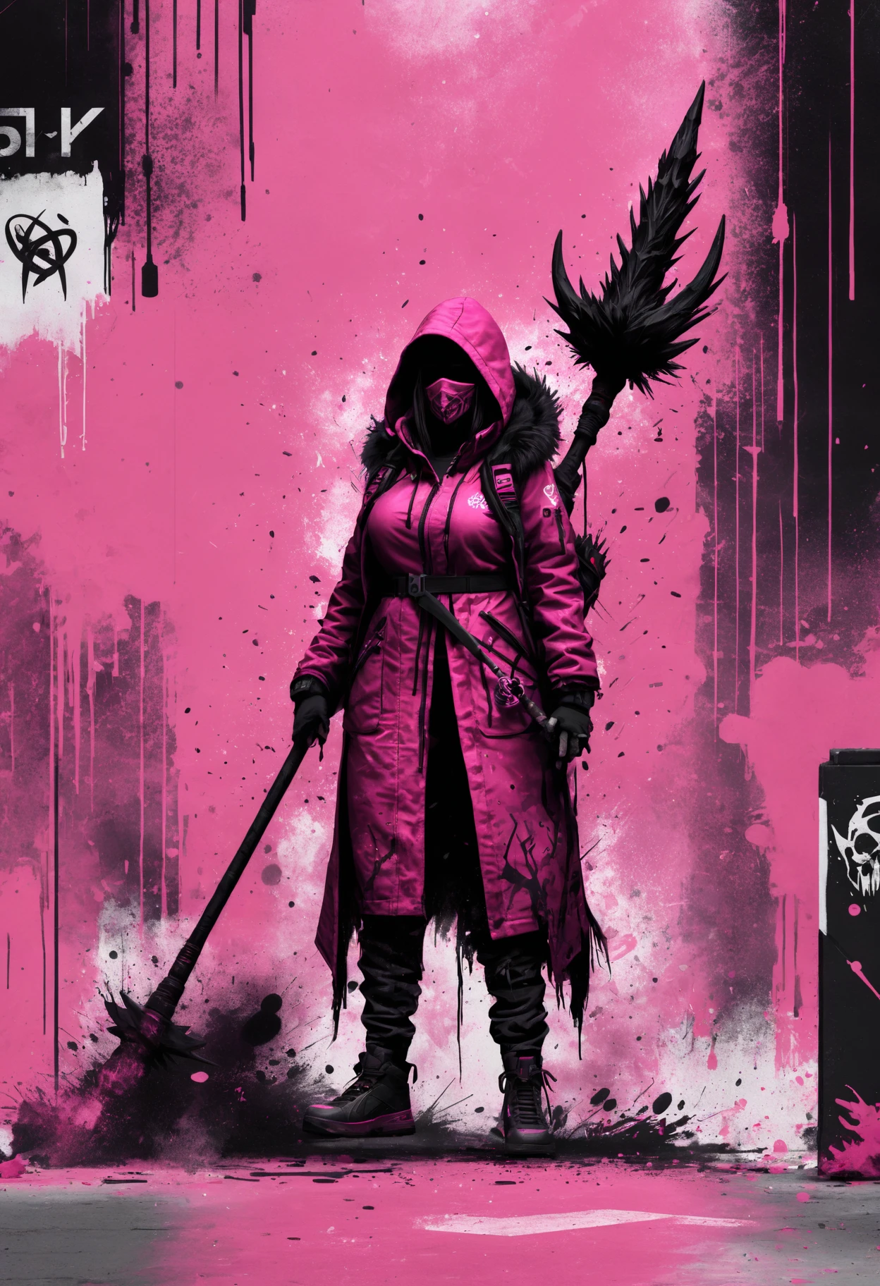 (masterpiece, best quality), DonM51ckXL female mgalekgolo (hunters), , druidic staff, pink, flat, 2D,street art, (highres, 4k, 8k, Illustration, wallpaper) <lora:myLoraXL_test\DonM51ckXL-000008>