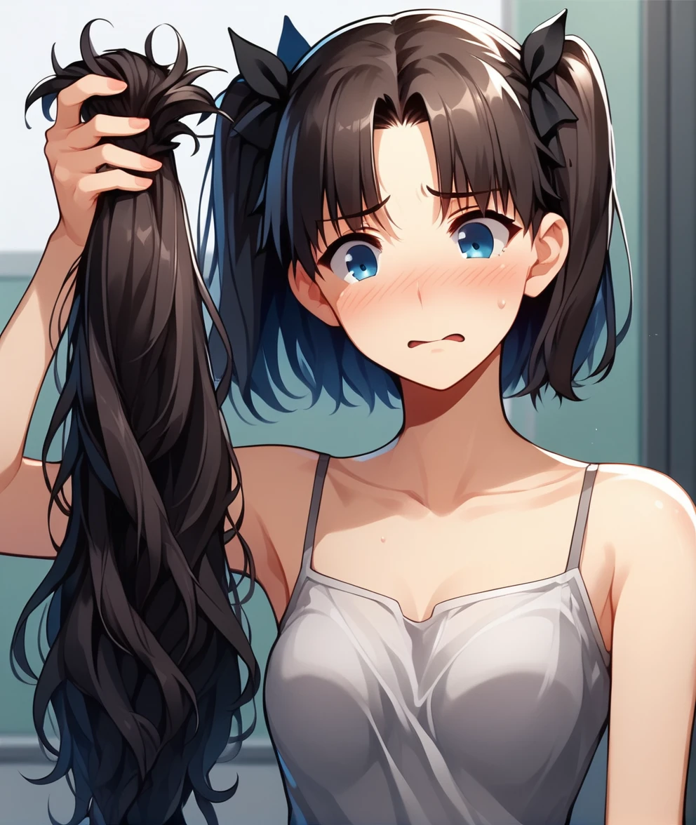 score_9, score_8_up, score_7_up,  source_anime,BREAK,, 1girl,solo,  embarrassed, blush,,( mature female:1.2),  <lora:BigChopPONYXL:1>,bigchop,  (short hair,:1.2) very short hair,, messy hair, tohsaka rin,